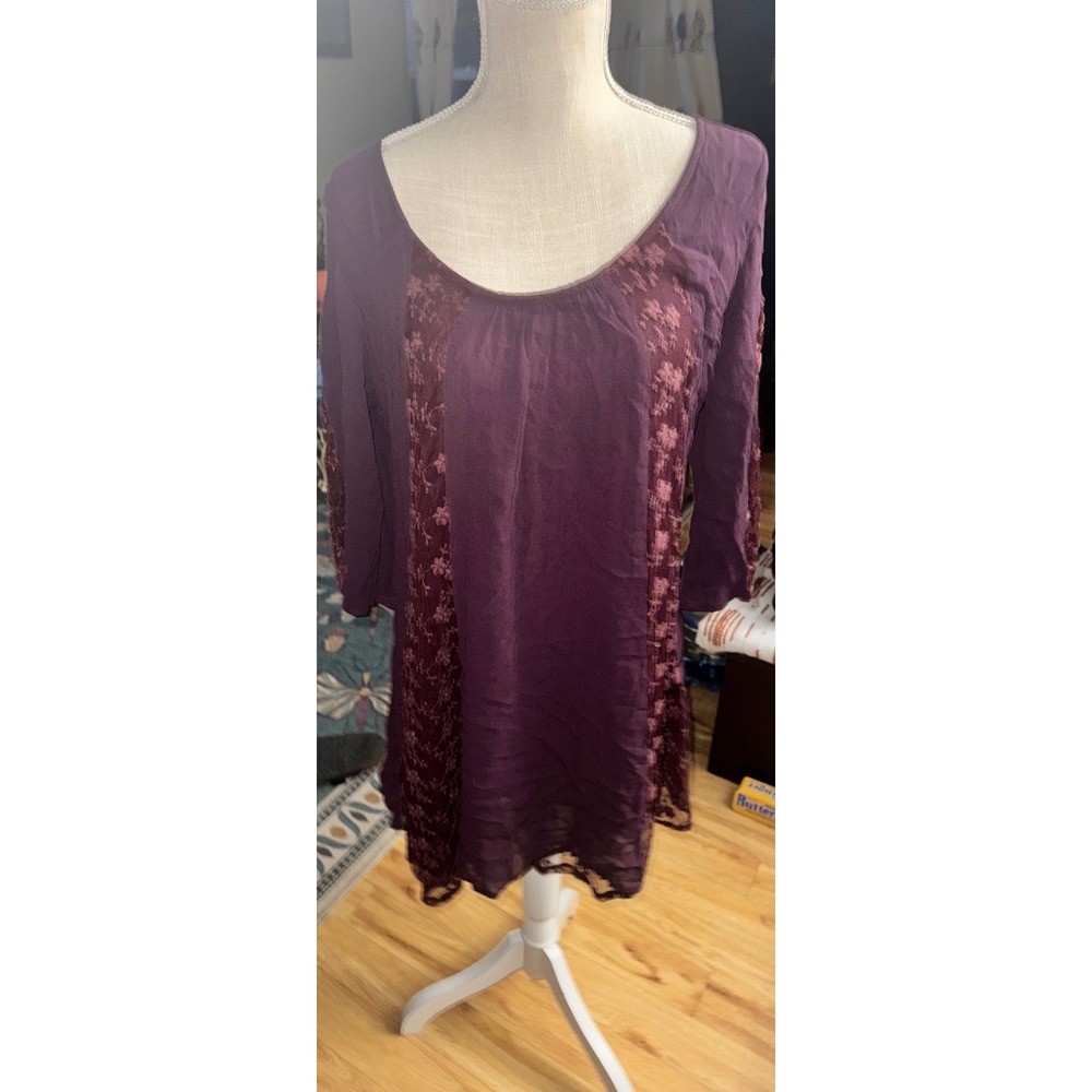 World Market Womens Plum Purple Floral Lace Mesh Tunic Top L/XL Boho Embroidery